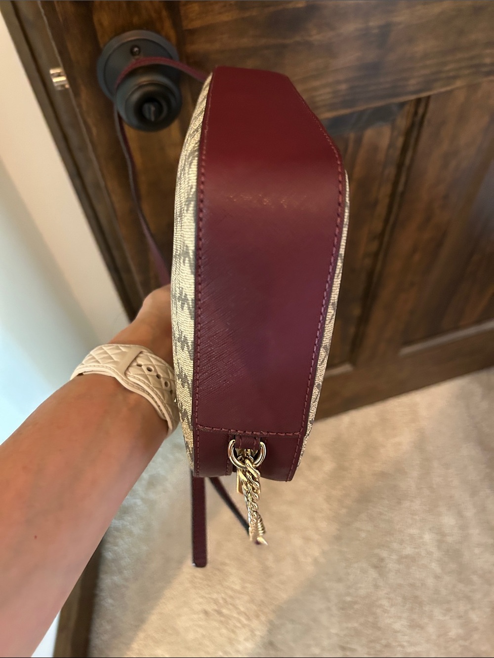 Michael Kors Brown MK Logo Crossbody with Burgundy Trim and Gold Chain - Picture 5 of 12